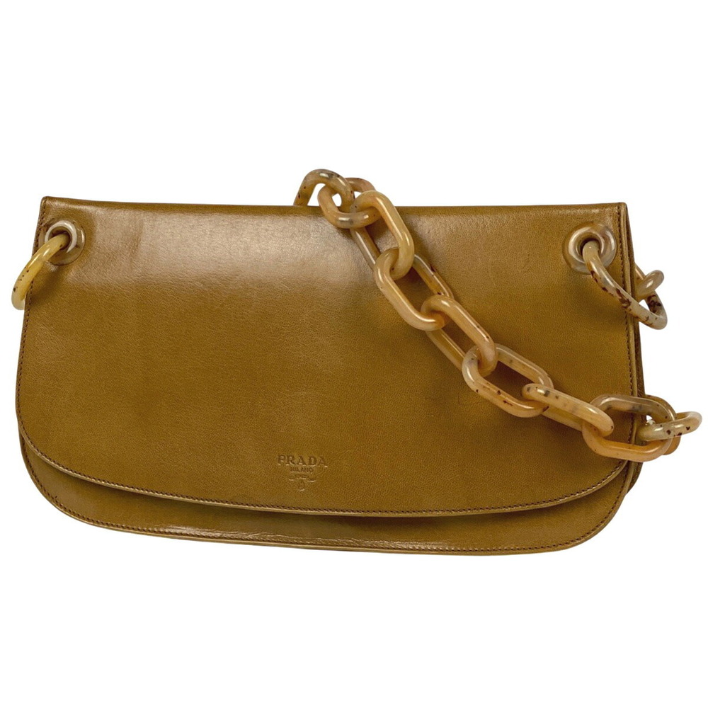 Prada Logo Shoulder Bag Hobo Chain Leather Brown - Picture 1 of 7